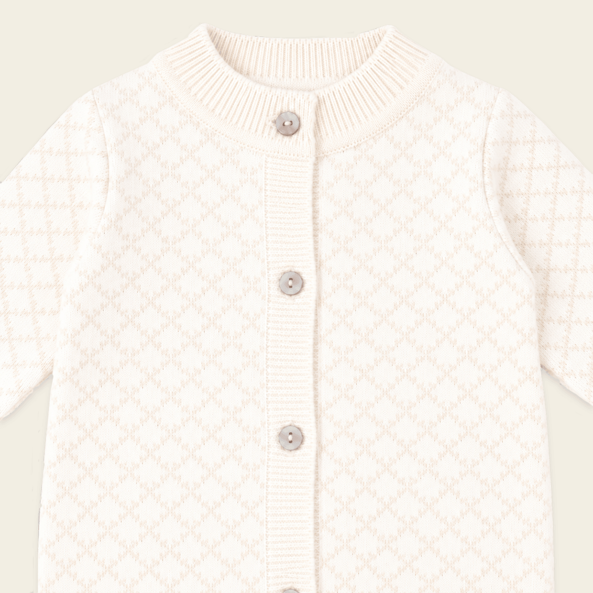 detail picture of  Milan Dove White Lux Jacquard Knit Baby Jumpsuit andHat and Bootie 3pc SET Organic cotton