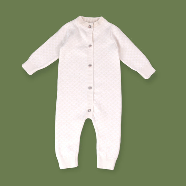 Milan Dove White Lux Jacquard Knit Baby Jumpsuit+Hat+Bootie (3pc SET) Organic