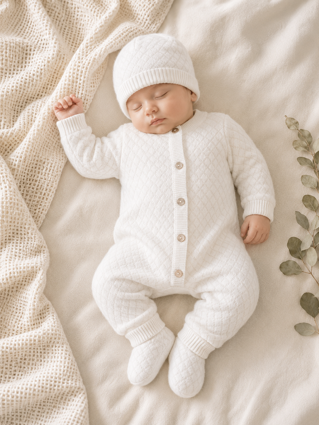 Sleeping Baby Wearing Milan Dove White Lux Jacquard Knit Baby Jumpsuit Hat and Bootie 3pc Set, Organic