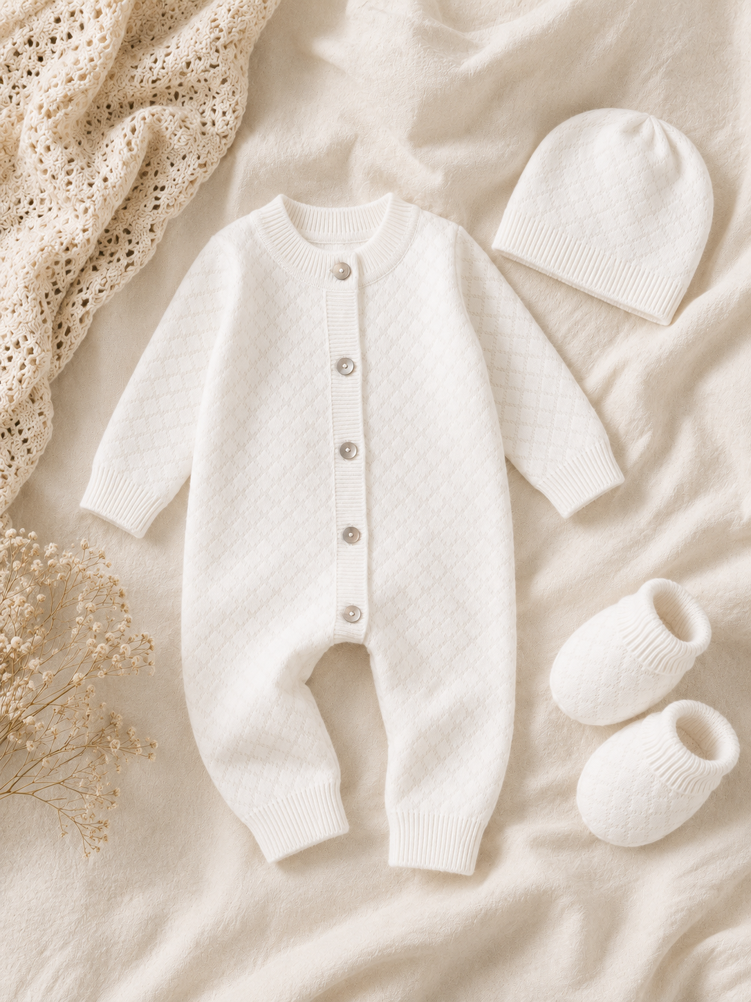Organic Milan Dove White Lux Jacquard Knit Baby Jumpsuit, Hat, and Bootie 3pc Set