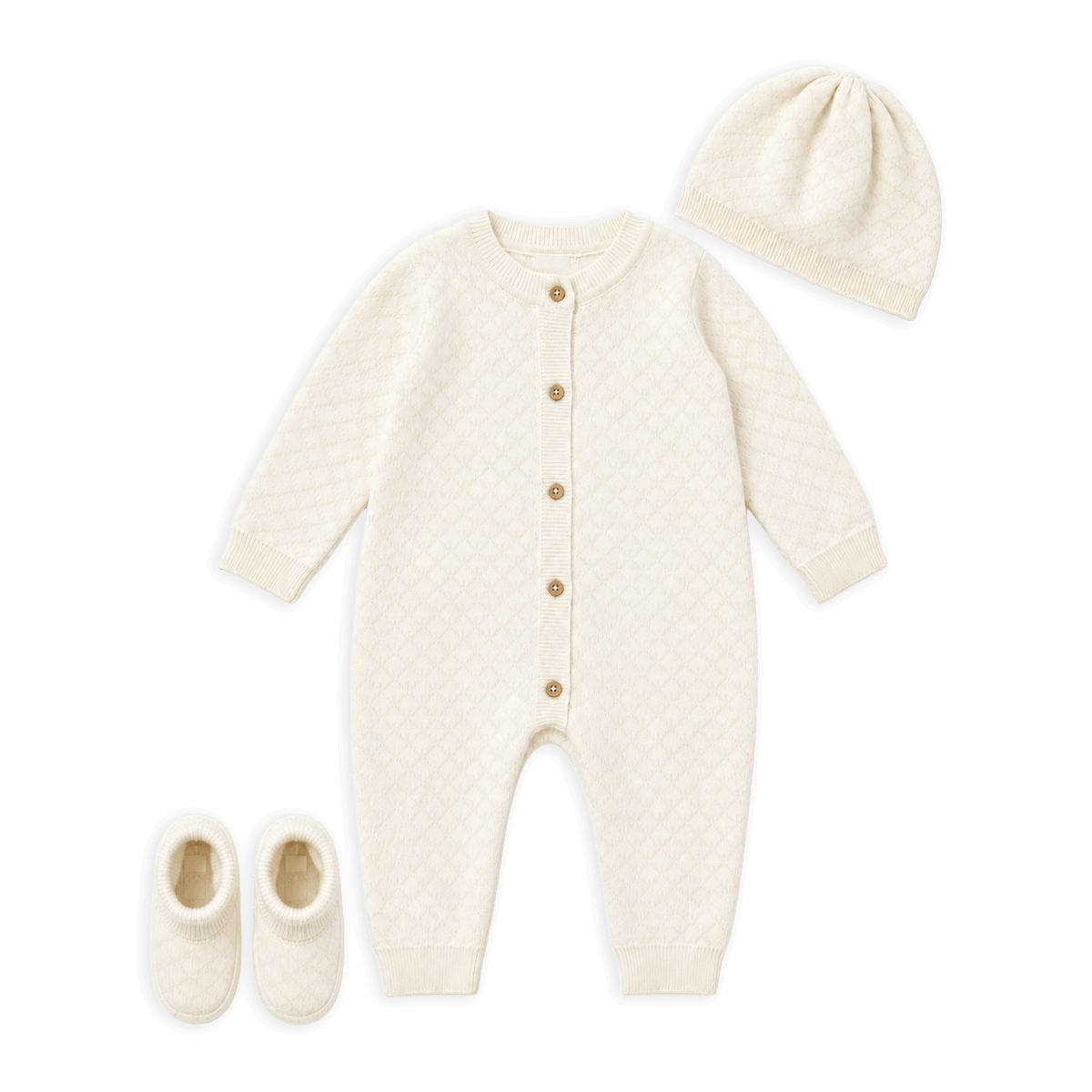 Organic Cotton Milan Knit Baby Jacquard Jumpsuit, Hat, and Booties 3pc Set, Dove White
