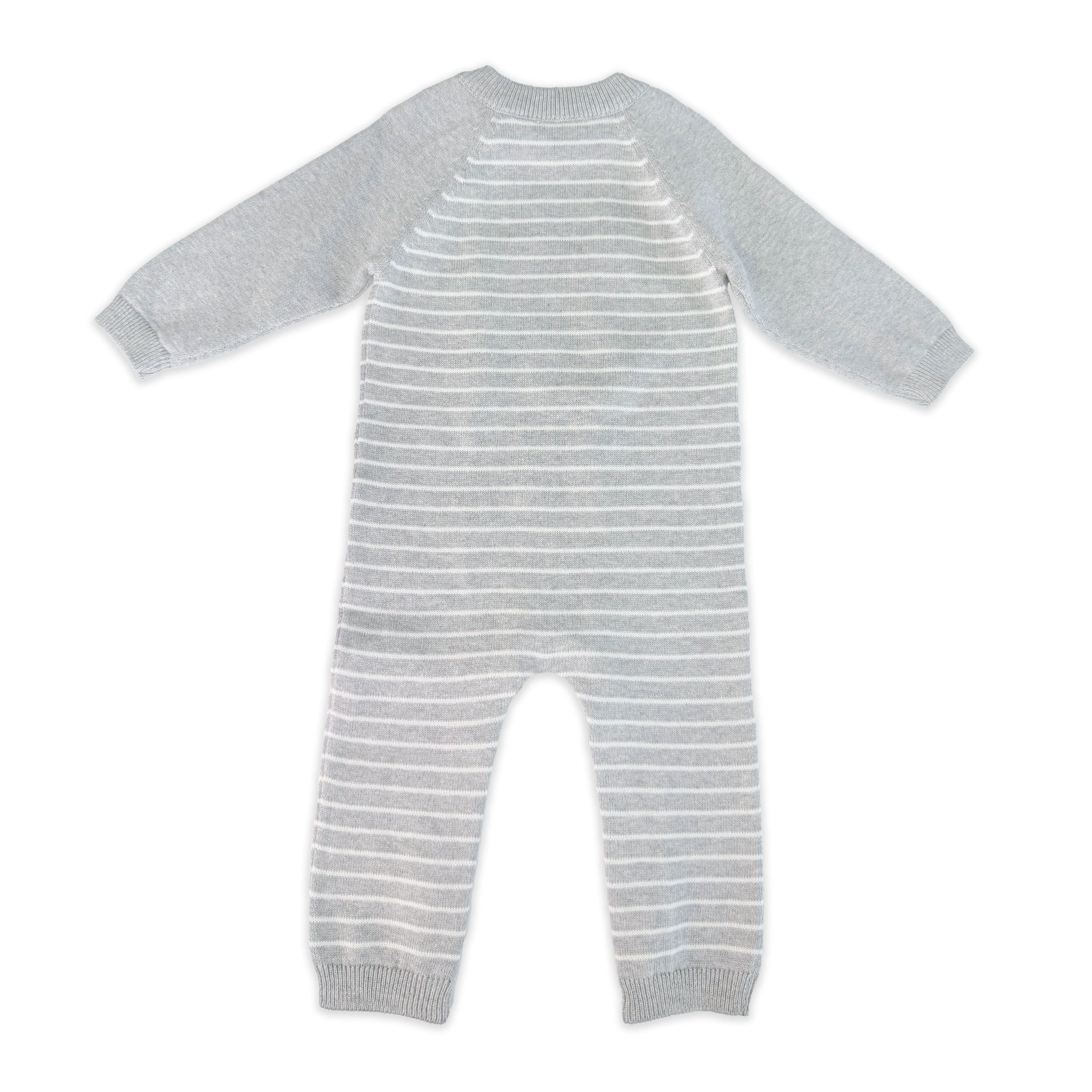 Heather Grey Milan Knit Baby Side Button Stripe Jumpsuit (Organic Cotton) - Back
