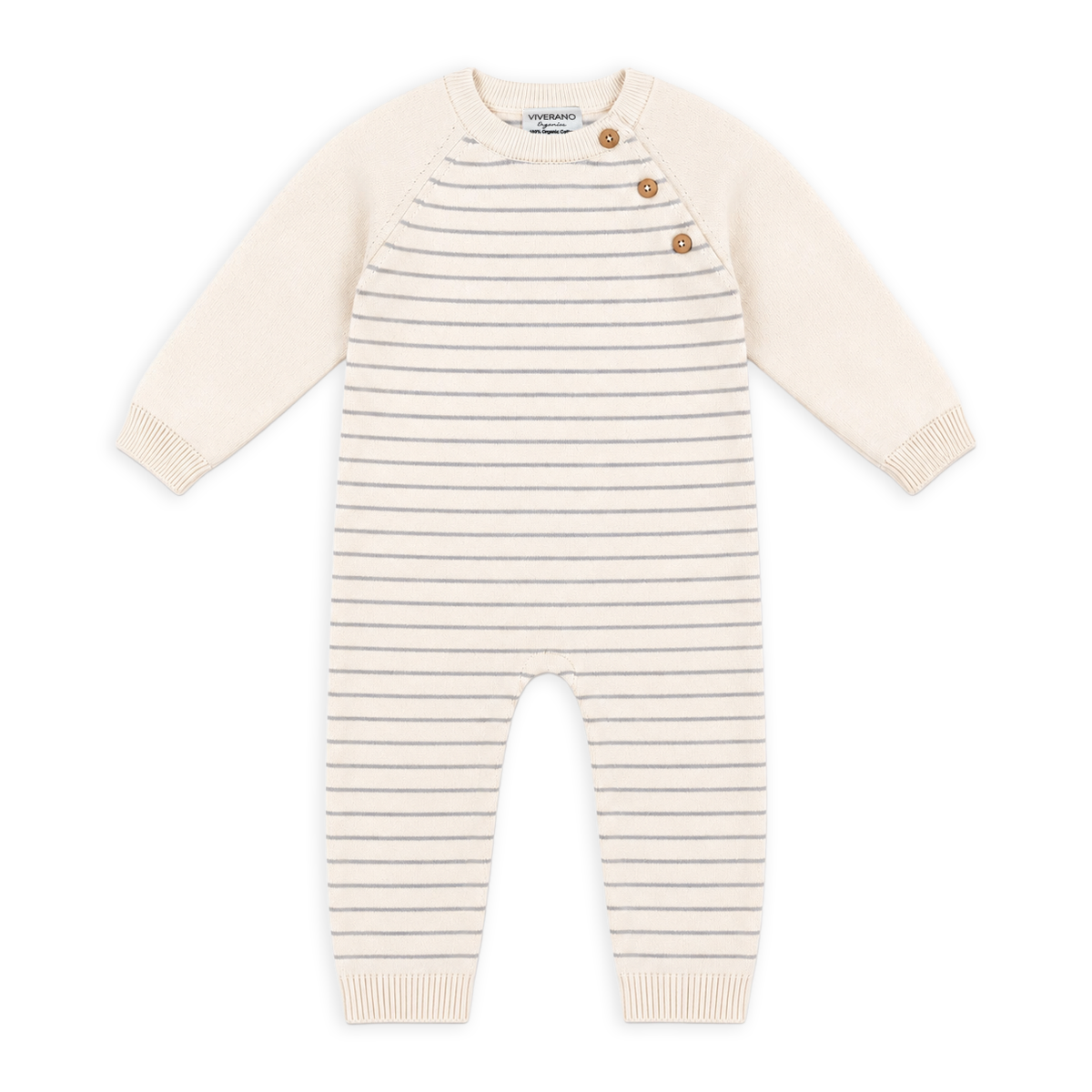 Front of Cream Milan Knit Baby Side Button Stripe Jumpsuit made from Organic Cotton