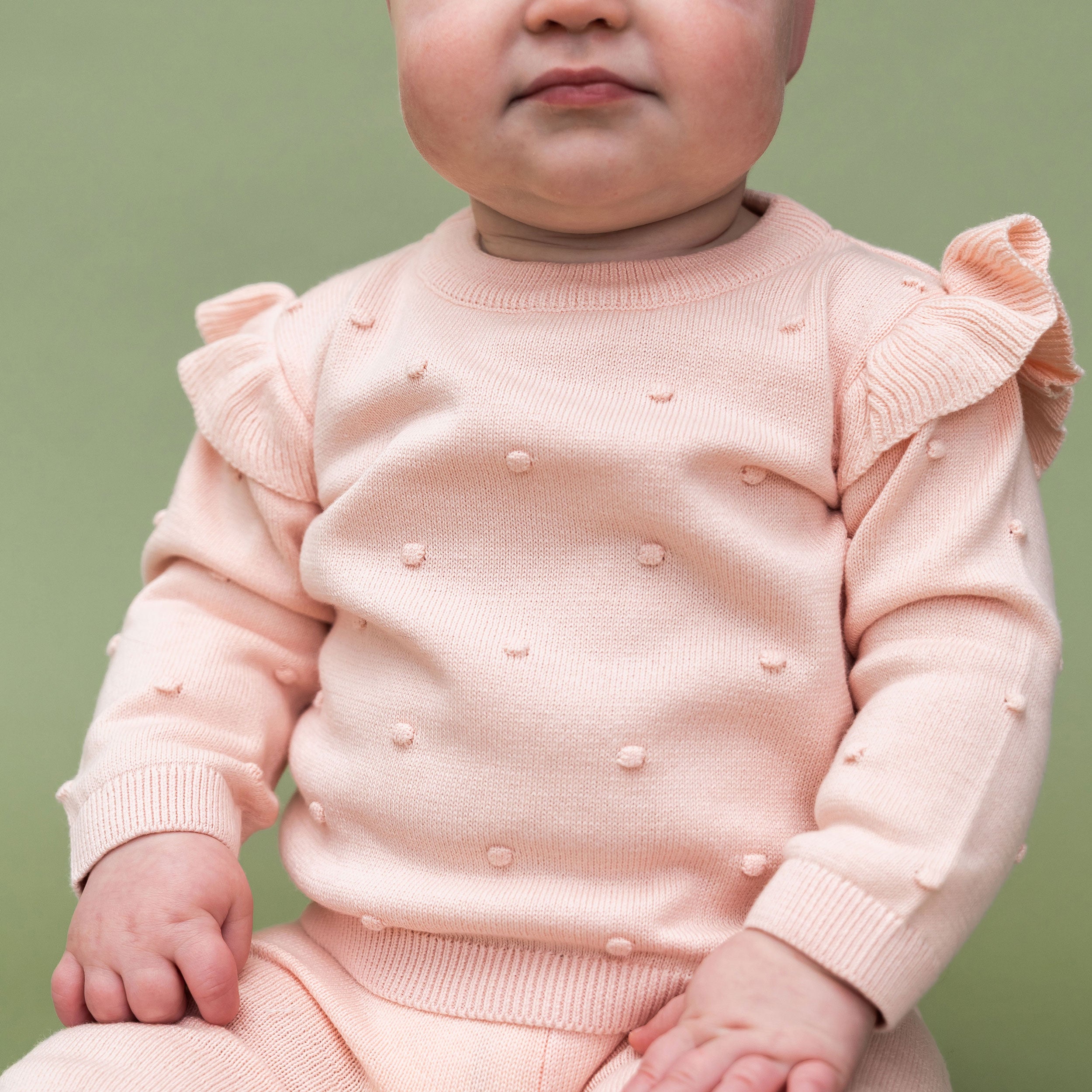 Milan Knit Baby Ruffle & Bobble Pullover Sweater Detail Model(Organic Cotton)