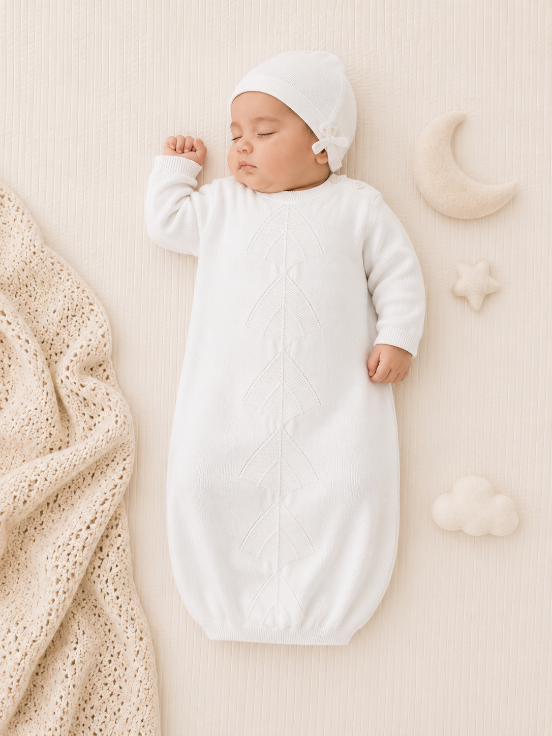 Baby Asleep in Milan Dove White Pointelle Knit Baby Sleep Gown and Hat Set, Organic Cotton by Viverano