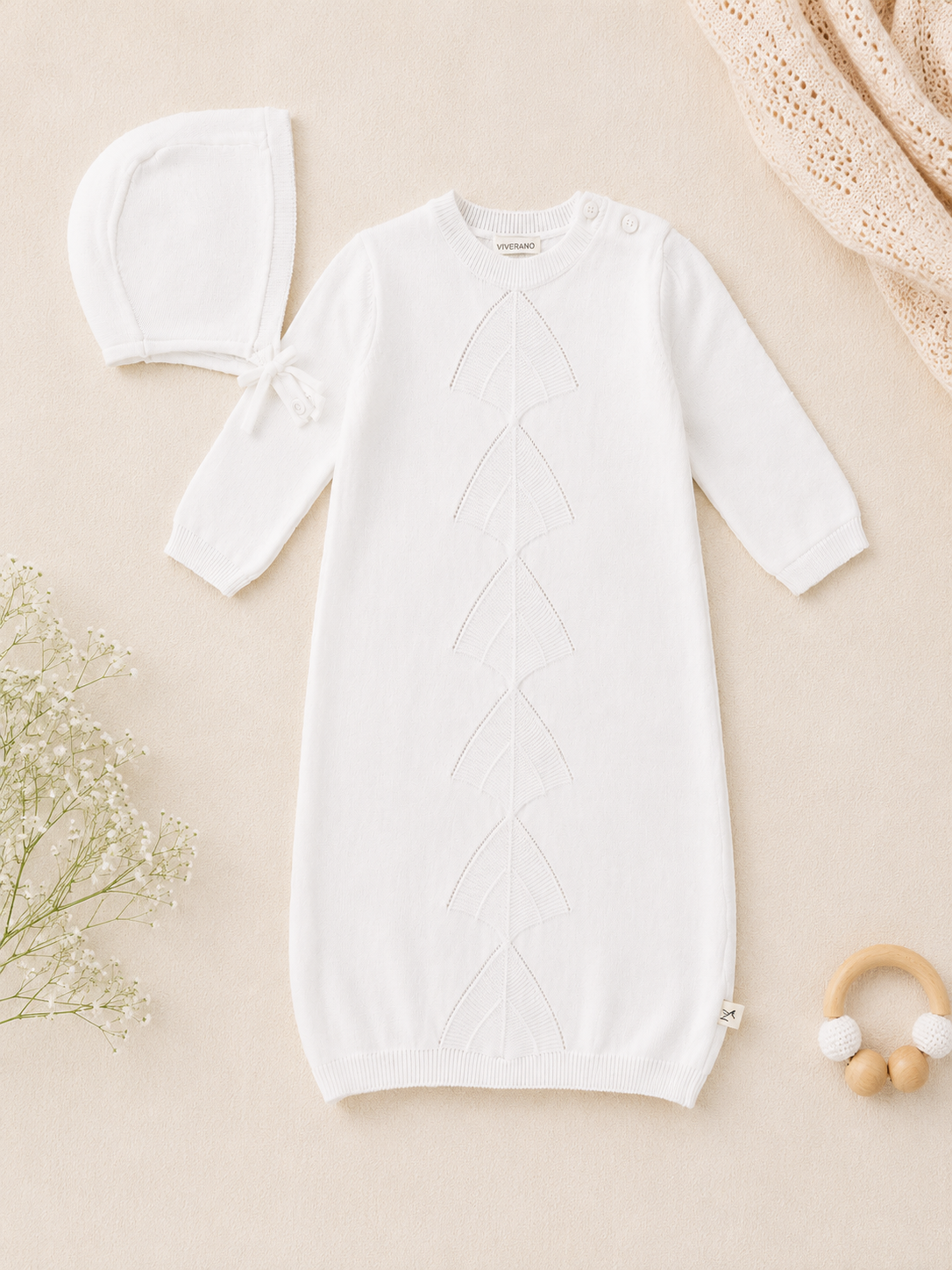 Milan Dove White Pointelle Knit Baby Sleep Gown and Hat Set, Organic Cotton by Viverano