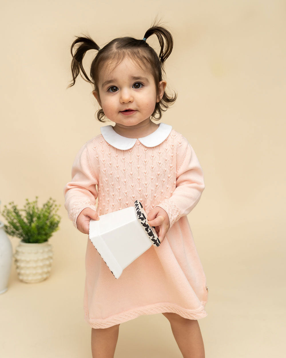 Milan Knit Baby Peter Pan Tulip Sweater Dress (Organic Cotton) - Blush Model