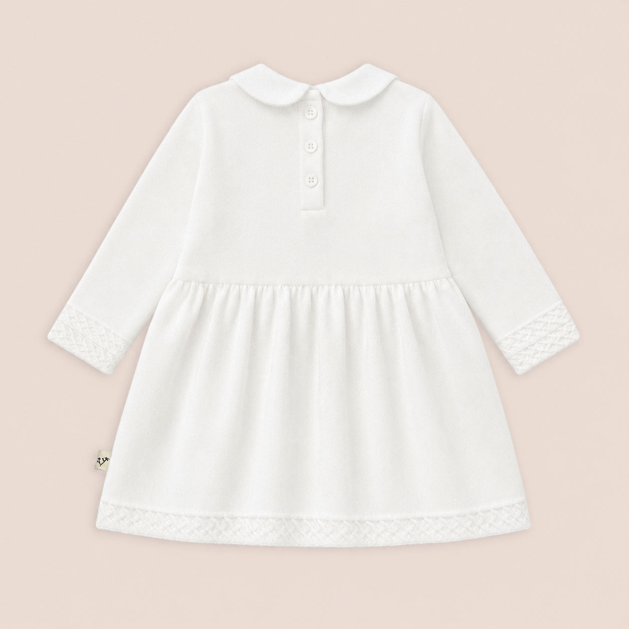 Back of Organic Cotton Milan Knit Baby Peter Pan Tulip Sweater Dress, Dove White