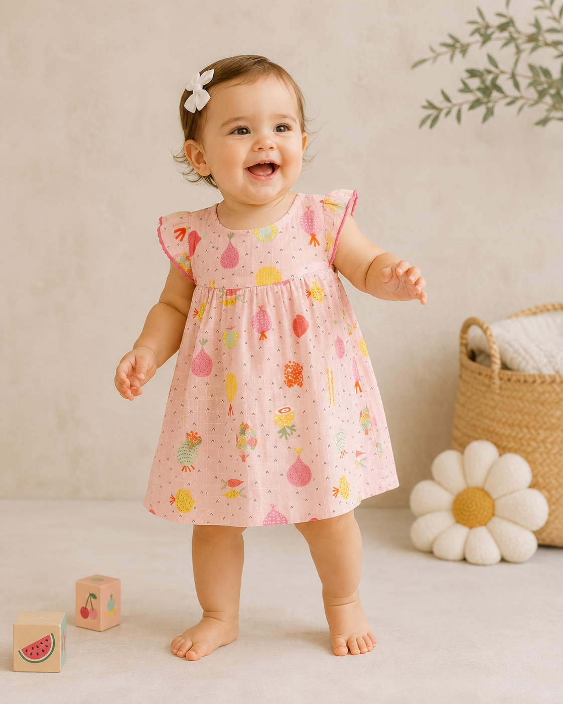 Baby Girl Wearing Cap Sleeve Baby Girl Dress with Bloomer Set - Veggie Salad, Organic Muslin by Viverano