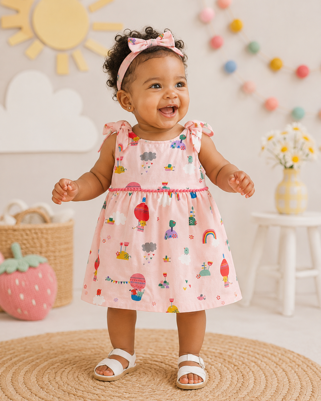 Baby Girl Wearing Fly Away Balloon Shoulder Tie Dress and Bloomer, Organic Cotton by Viverano