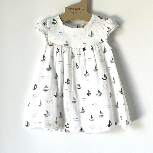 Sailboat Cap Sleeve Baby Dress+Bloomer Set (Organic Muslin)