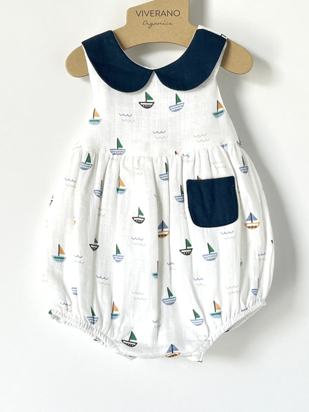 Sailboat Peter Pan Baby Bubble Romper (Organic Muslin)