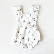 Sailboat Ruffle Criss Cross Baby Romper (Organic Muslin)