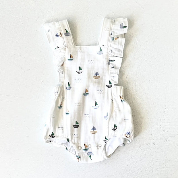 Sailboat Ruffle Criss Cross Baby Romper (Organic Muslin)