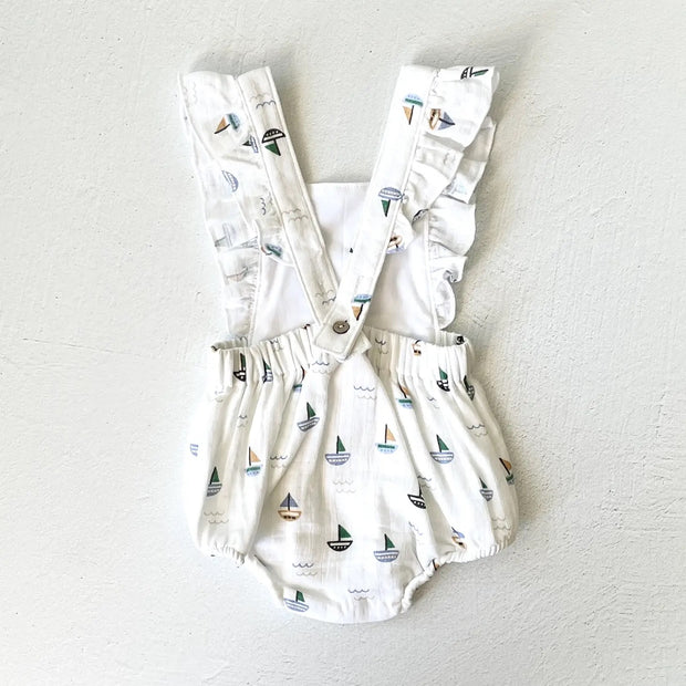 Sailboat Ruffle Criss Cross Baby Romper (Organic Muslin)