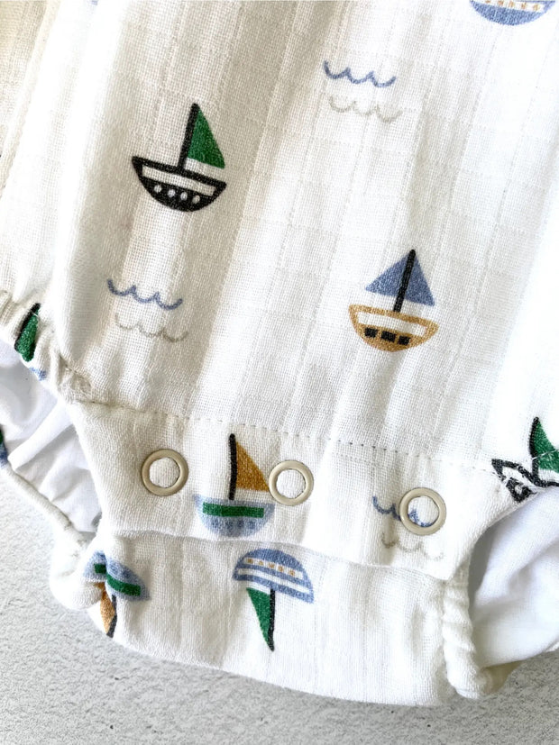 Sailboat Ruffle Criss Cross Baby Romper (Organic Muslin)