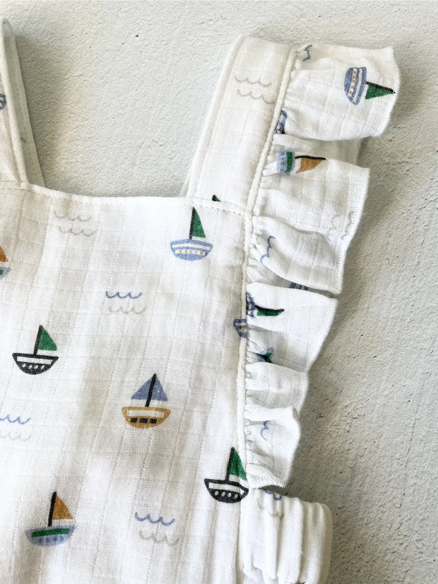 Sailboat Ruffle Criss Cross Baby Romper (Organic Muslin)