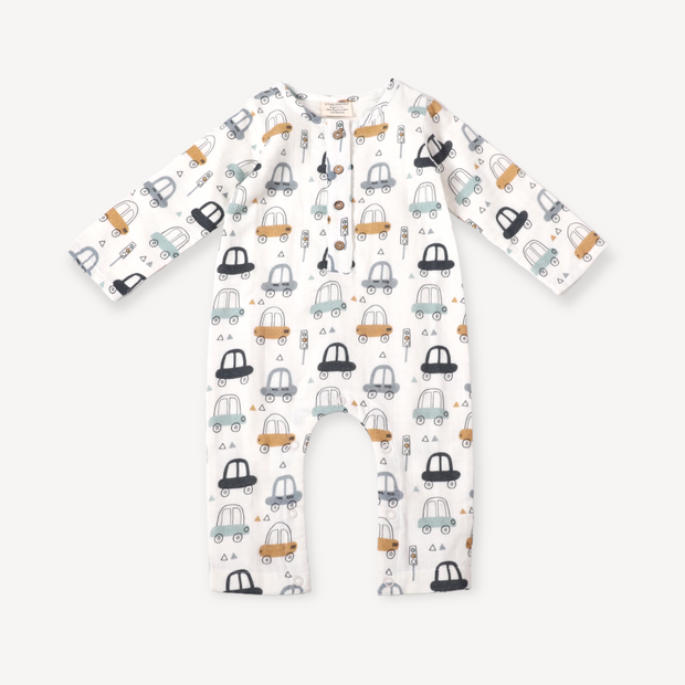 Cars Pocket & Button Baby Jumpsuit (Organic Muslin)