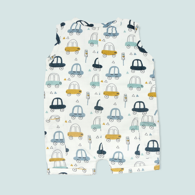 Cars Sleeveless Side Pocket Short Baby Romper (Organic Muslin)