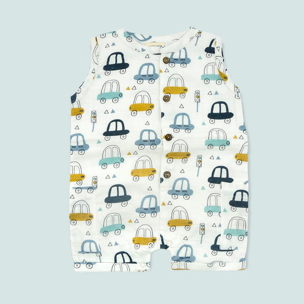 Cars Sleeveless Side Pocket Short Baby Romper (Organic Muslin)