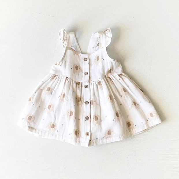 Elephant Ruffle & Button Baby Dress+Bloomer (Organic Muslin)
