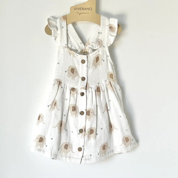 Elephant Ruffle & Button Baby Dress+Bloomer (Organic Muslin)