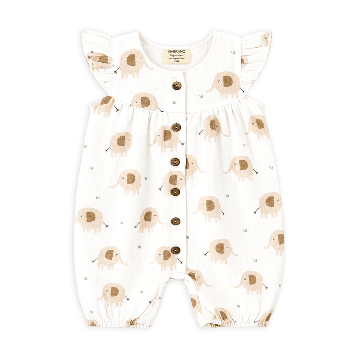 front  of elephant ruffle button baby short romper made of organic cotton muslin