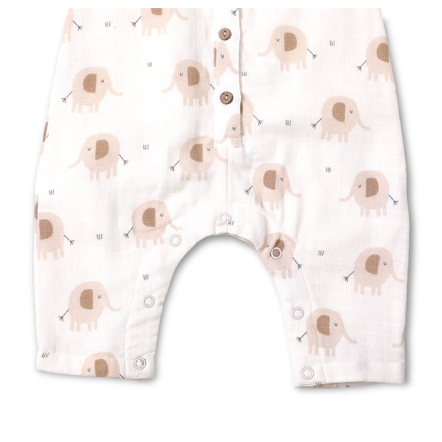 Elephant Sleeveless Button Baby Jumpsuit (Organic Muslin)