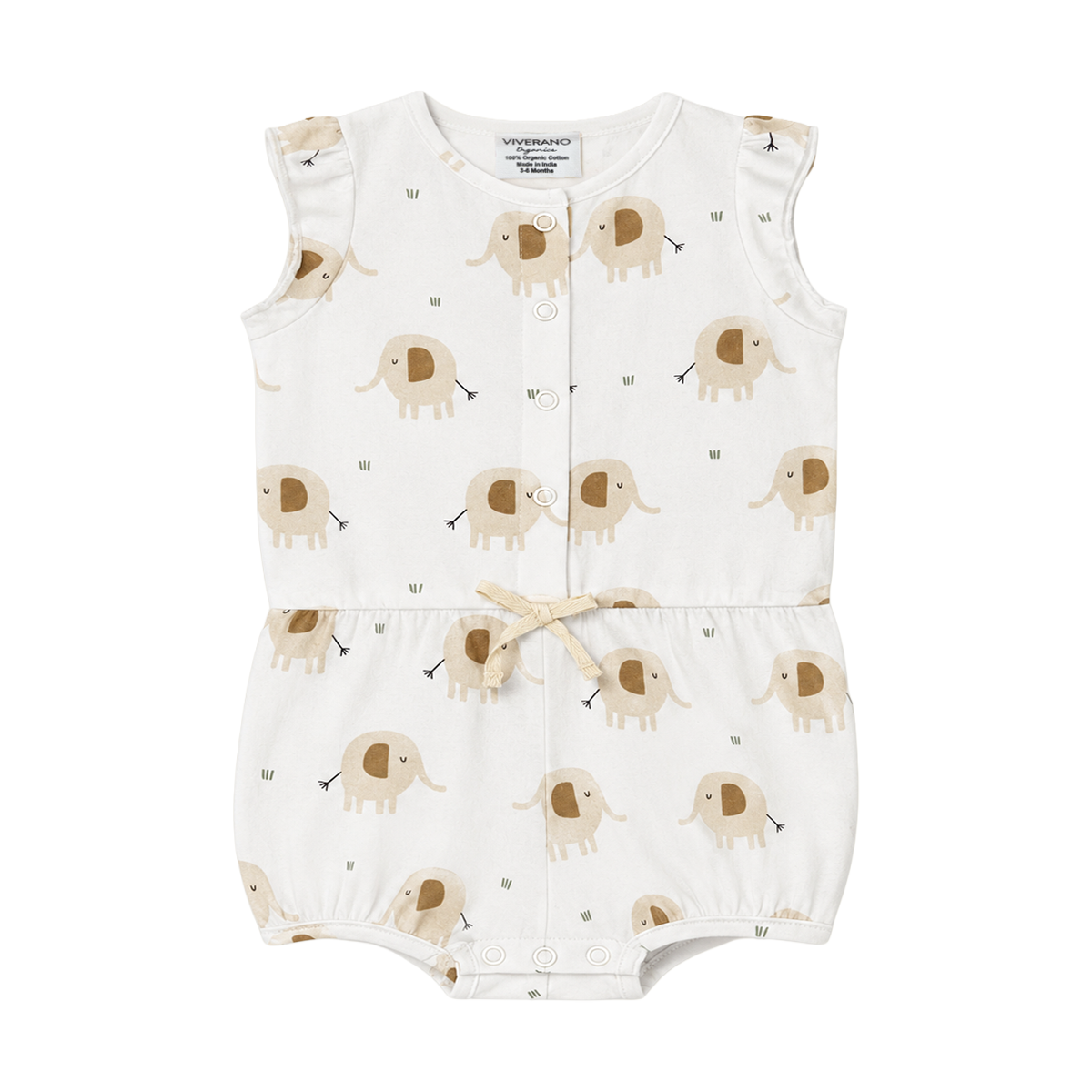 front of elephant Ruffle Playsuit Short Baby Romper made fromOrganic Jersey
