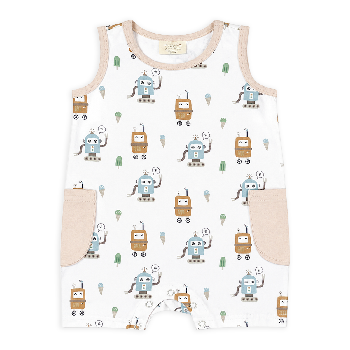 front of ice cream robots sleeveless shortie pocket romper made of organic jersey