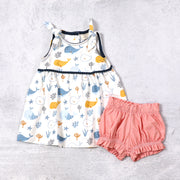 Ocean Whales Shoulder Tie Baby Dress + Bloomer (Organic)