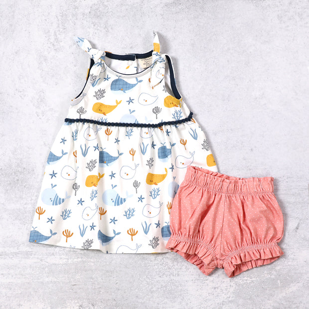 Ocean Whales Shoulder Tie Baby Dress + Bloomer (Organic)