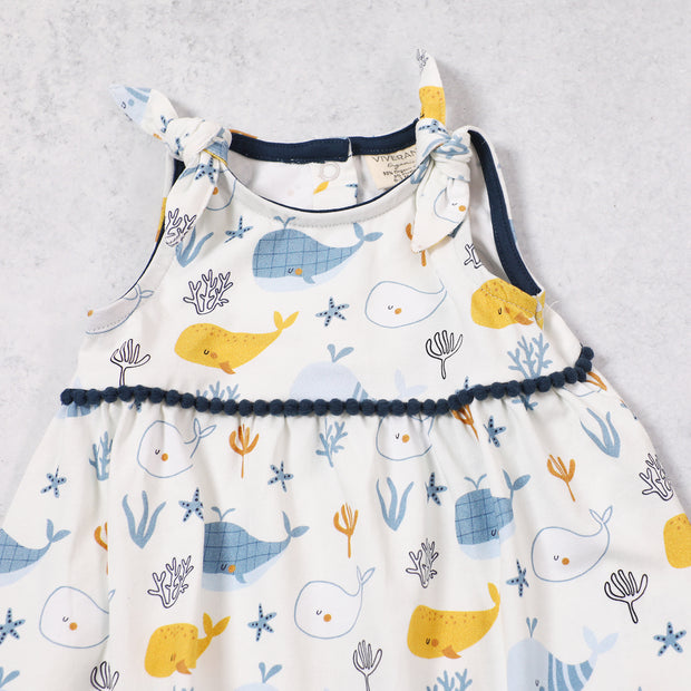 Ocean Whales Shoulder Tie Baby Dress + Bloomer (Organic)