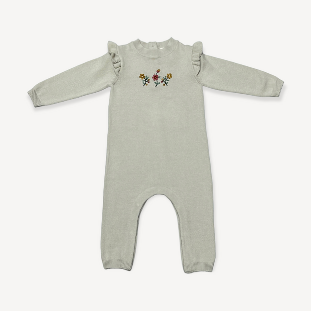 Floral Embroidered Ruffle Baby Sweater Jumpsuit (Organic)
