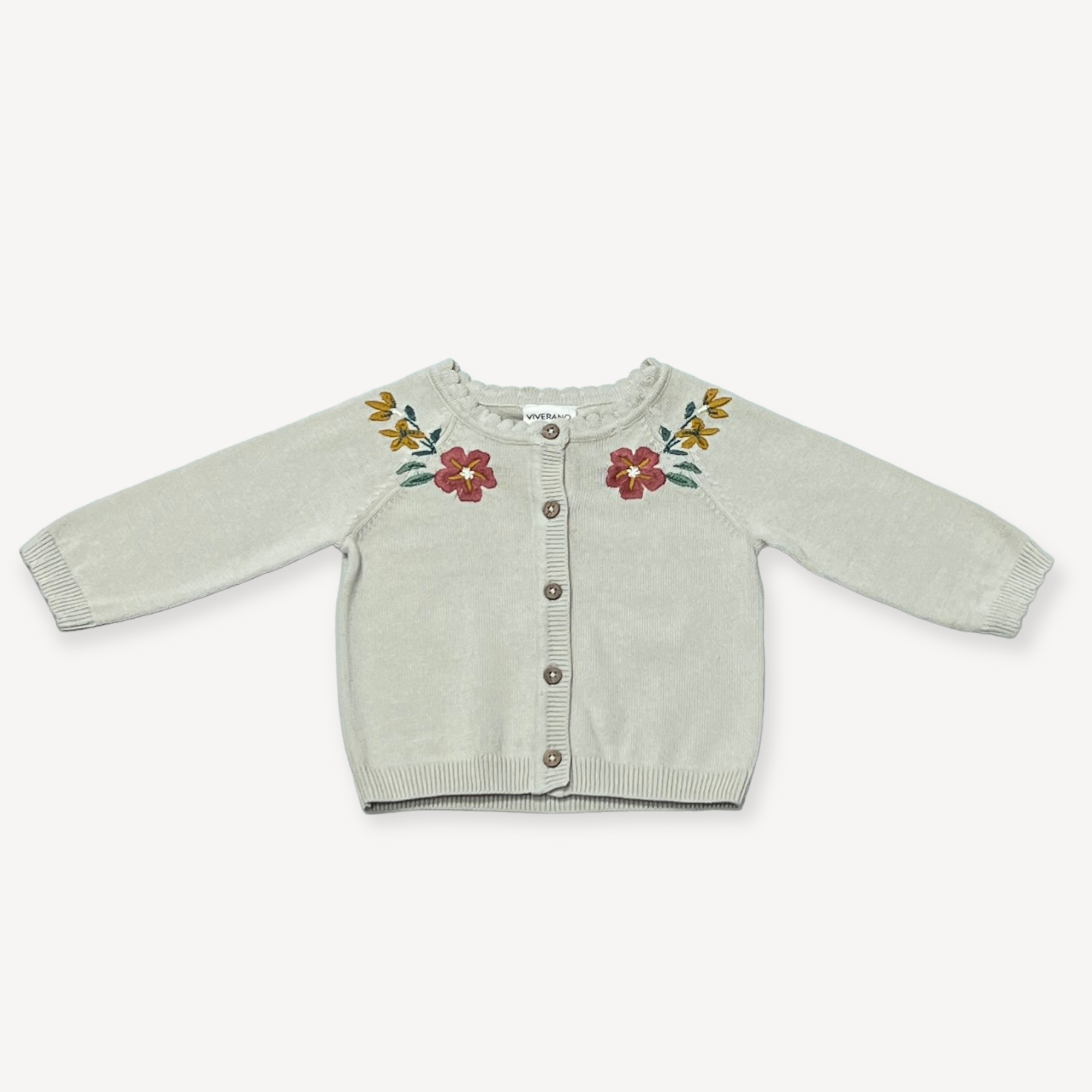 Viverano Floral Embroidered Baby Cardigan Sweater Organic Cotton Stone 6 12M