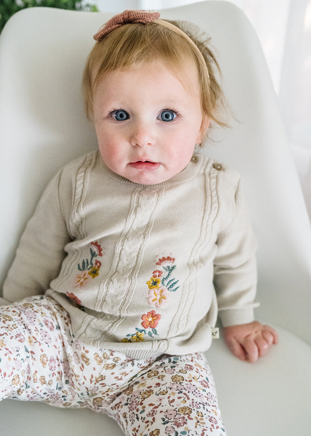 Floral Embroidered Cable Knit Baby Pullover (Organic)