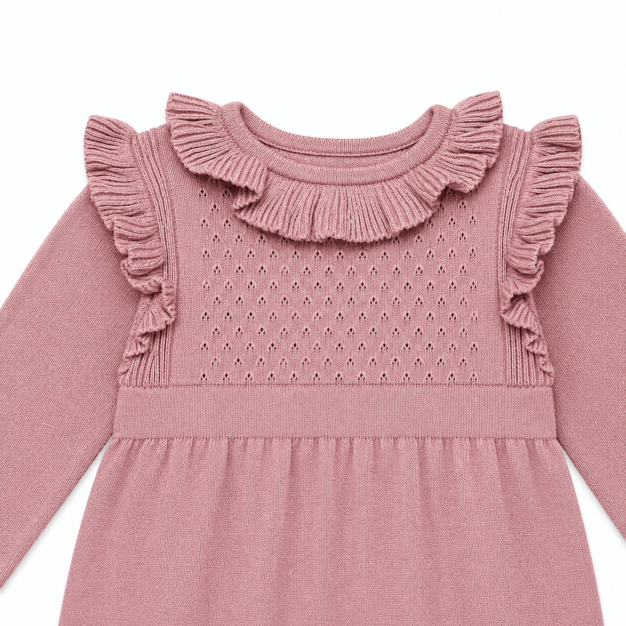 close up of Ruffle Collar Pointelle Baby Sweater Dress (Organic Cotton)