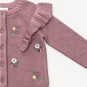 Floral Embroidered Ruffle Chunky Knit Baby Cardigan- Organic