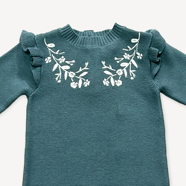 Floral Embroidered Ruffle Baby Knit Jumpsuit (Organic)