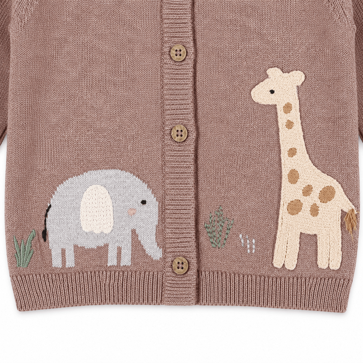 close up of Giraffe Elephant Baby Cardigan Sweater (Organic)