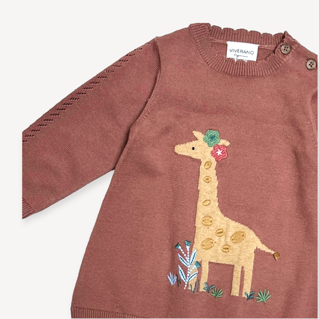 Giraffe Jacquard Pointelle Baby Sweater Knit Dress (Organic)