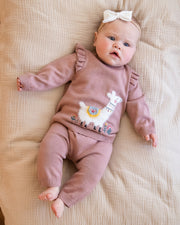 Llama Ruffle Baby Girl Pullover Sweater & Pants SET (Organic Cotton)