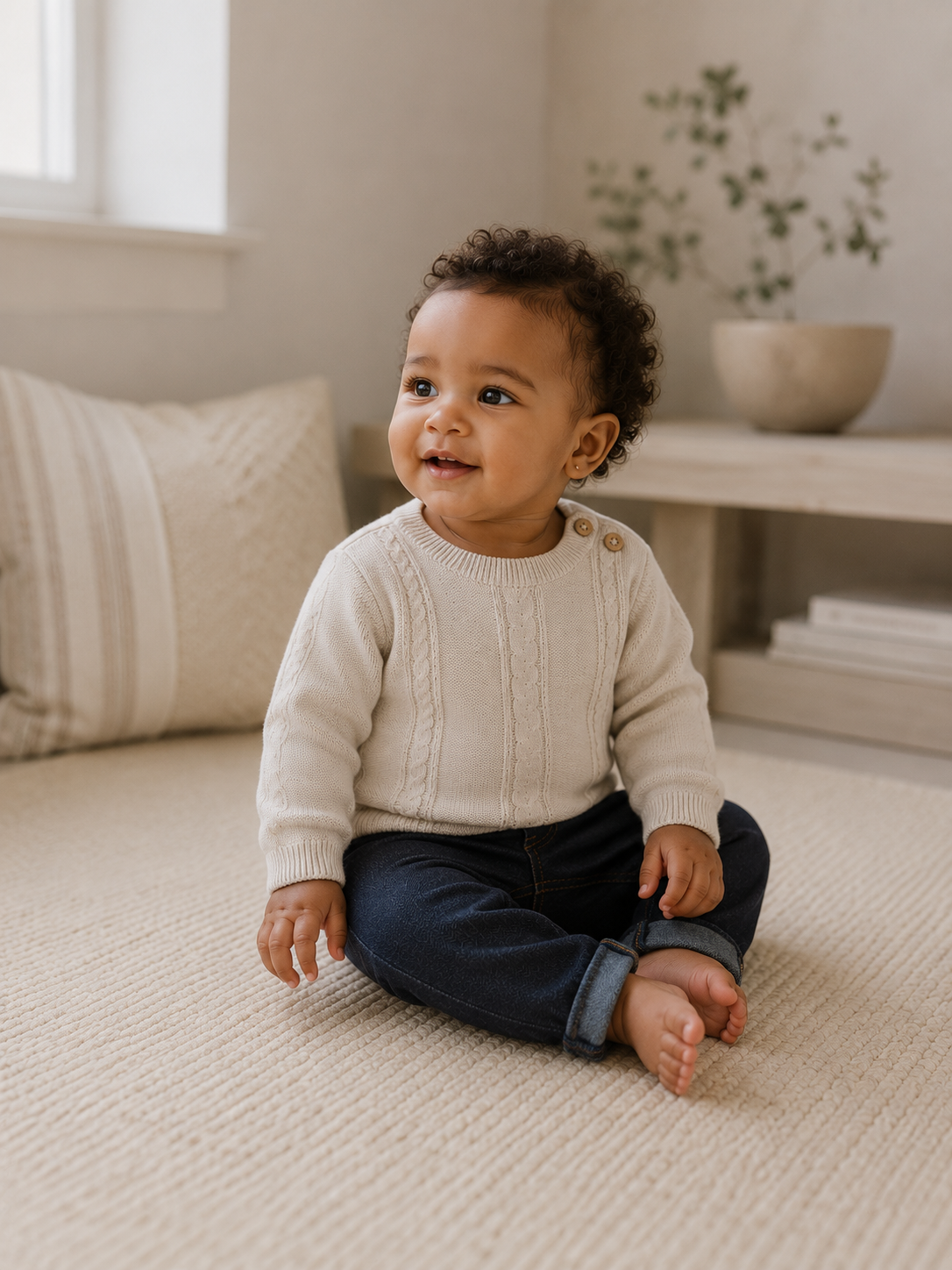 Baby Wearing Classic Cable Knit Baby Pullover Sweater, Organic Cotton by Viverano