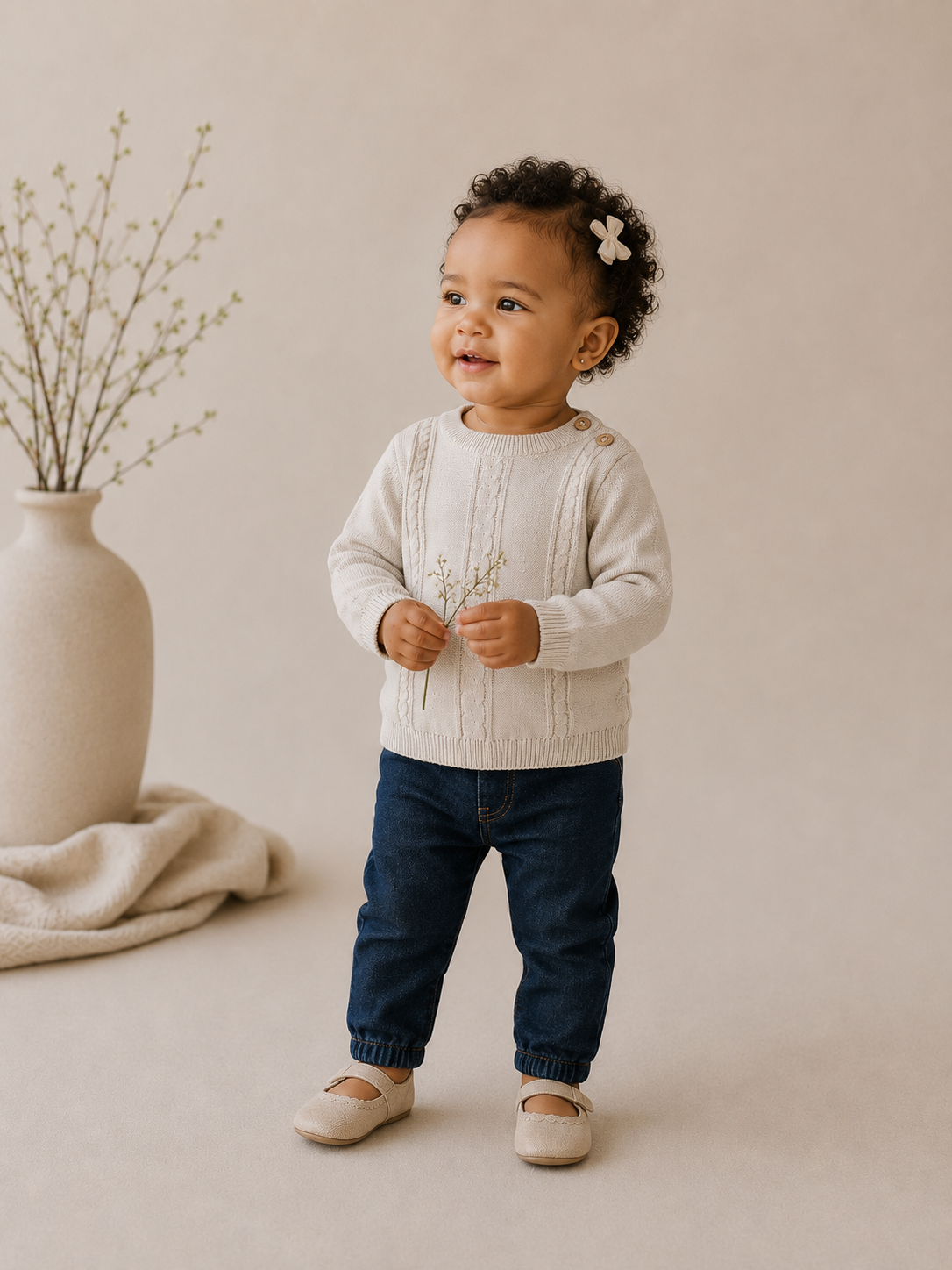 Baby Girl Wearing Classic Cable Knit Baby Pullover Sweater, Organic Cotton by Viverano