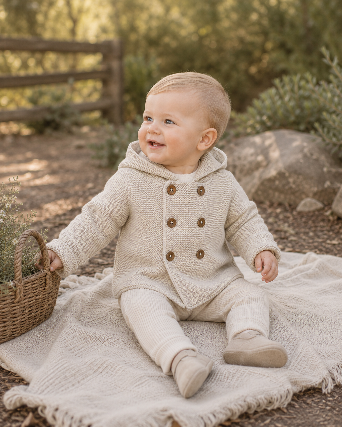 Baby Wearing Stone Hooded Double Button Baby Coat Jacket, Organic Cotton by Viverano