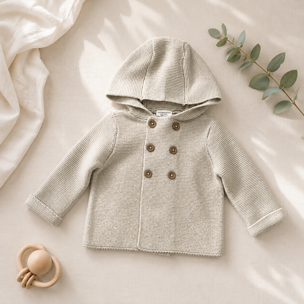 Stone Hooded Double Button Baby Coat Jacket, Organic Cotton