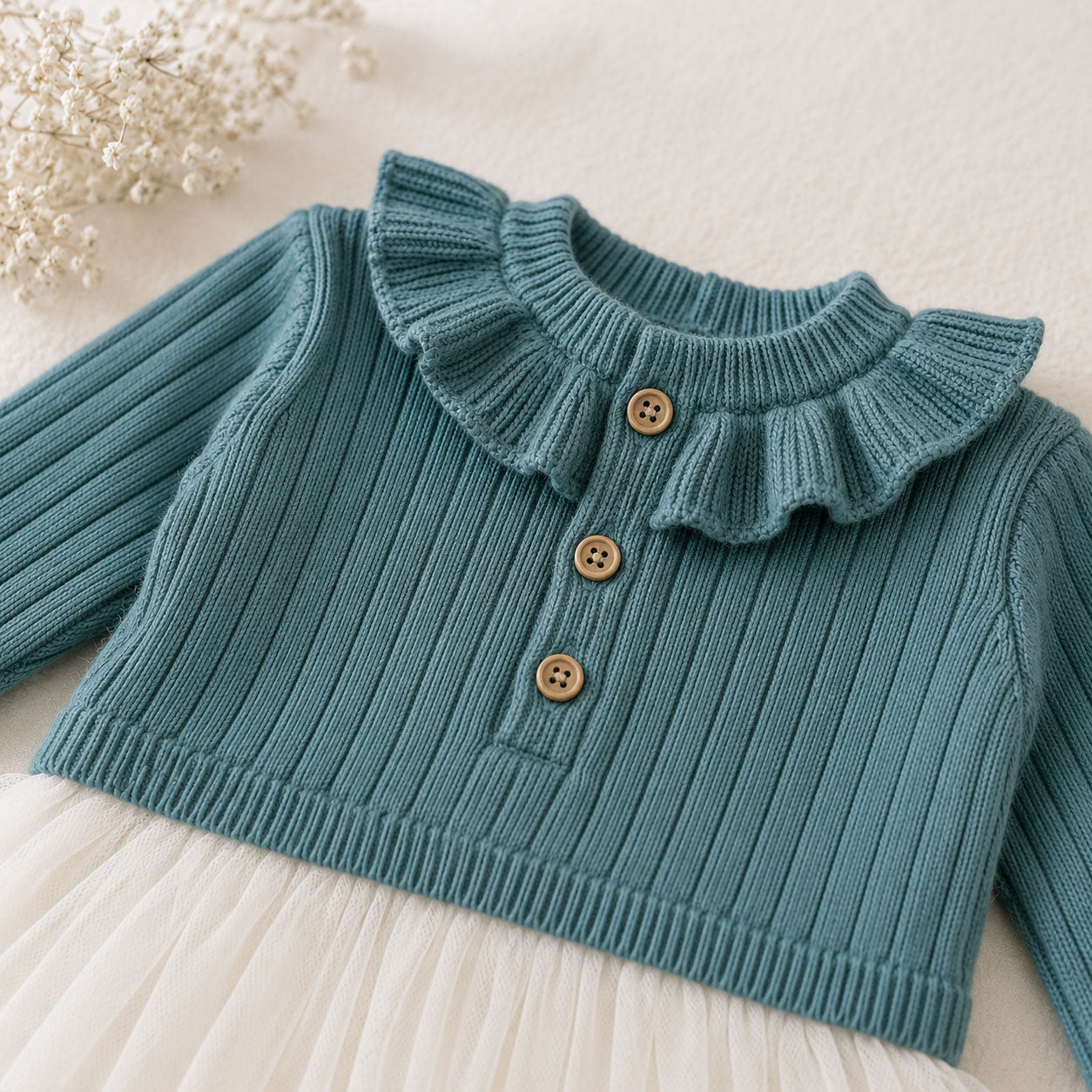 Back of Teal Blue Ruffle Neck Sweater Knit Top & Tutu Baby Dress