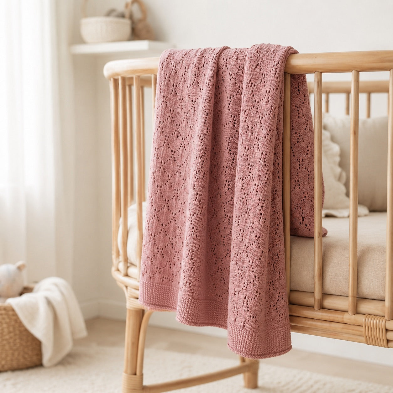 Organic Cotton Pointelle Sweater Knit Baby Blanket against crib