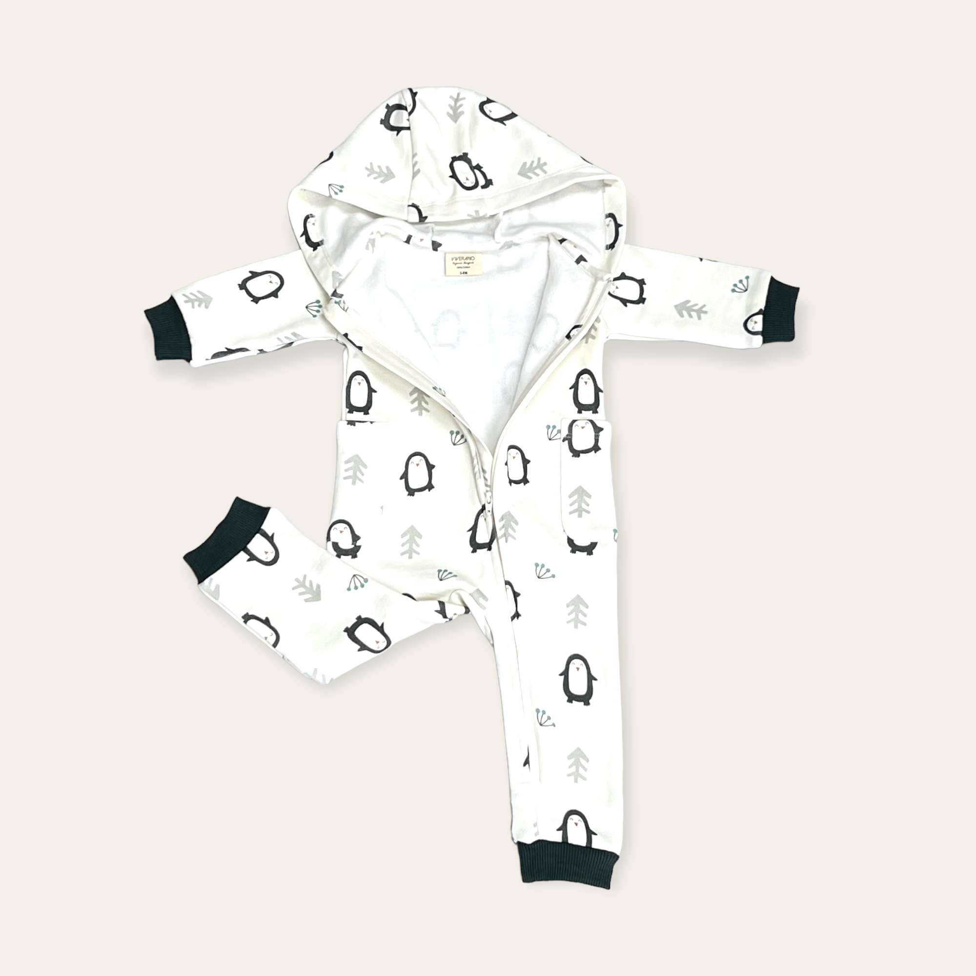 Penguin Fleece Zipper Hooded Baby Jumpsuit Organic Cotton