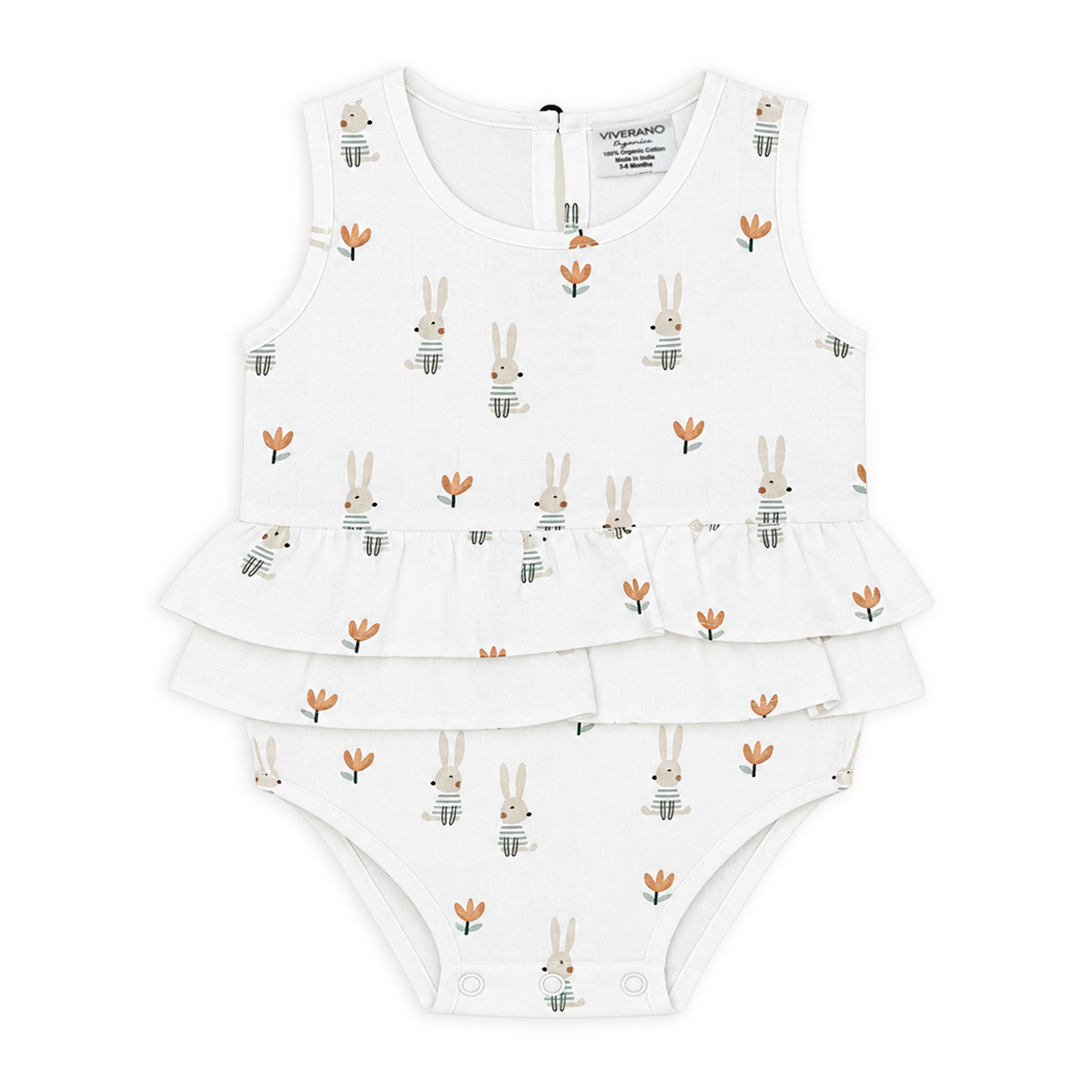 front of Bunny 2-Tier Ruffle Baby Romper made with Organic Muslin